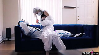 Crazy quarantine pandemic porn with blonde teen Lola Fae and her comrade